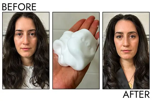 A before and after photo showing the effects of applying Sebastian Mousse Forte