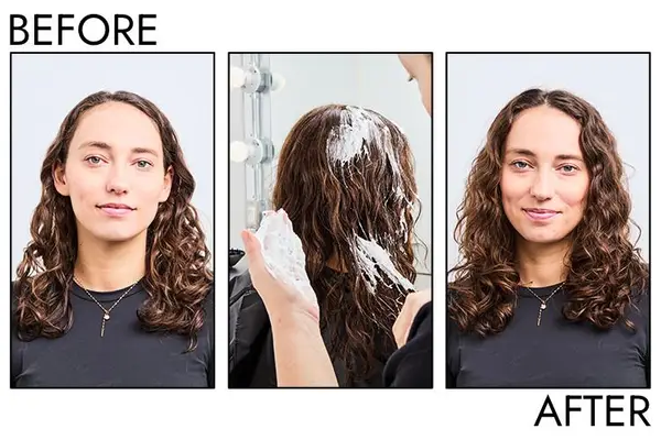 A before and after photo showing the effects of using Shu Uemura Kaze Wave Curl and Wave Defining Hair Mousse