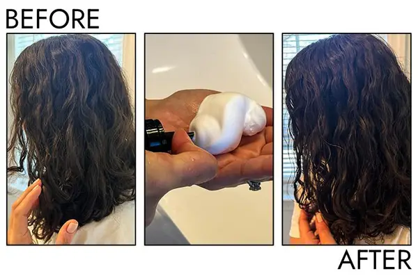 A before and after photo showing the effects of using Shu Uemura Kaze Wave Curl and Wave Defining Hair Mousse