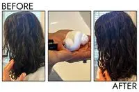 A before and after photo showing the effects of using Shu Uemura Kaze Wave Curl and Wave Defining Hair Mousse