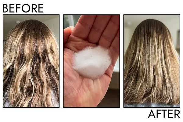A before and after photo showing the effects of using AG Care Cloud Air Light Volumizing Mousse