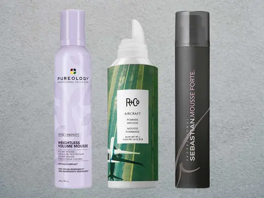 Collage of hair mousses we tested, including Pureology Style + Protect Weightless Hair Mousse and R+Co Aircraft Pomade Mousse