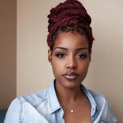 Woman with burgundy red box braids topknot hairstyle