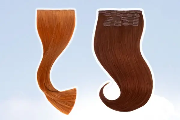 Two hair extensions collaged against a blue sky background