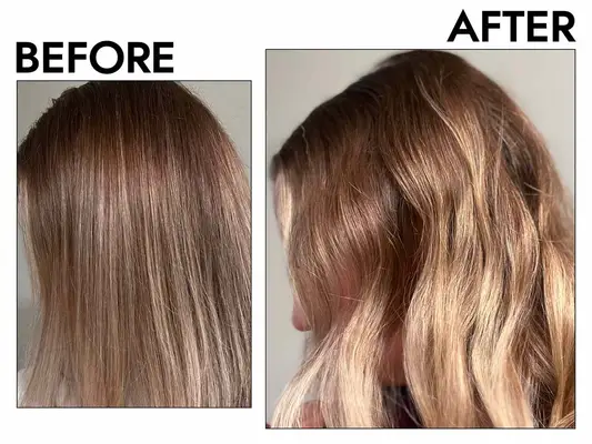 A collage of a tester holding the IGK Big Time Volumizing Mousse and showing her after results