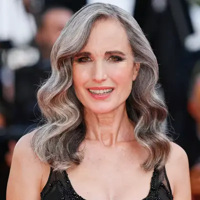 Andie MacDowell in old hollywood naturally gray deep waves