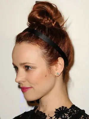 Rachel McAdams vibrant auburn chestnut updo