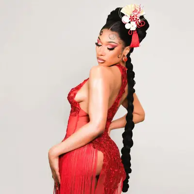 Meg Thee Stallion with a long accessorized ponytail