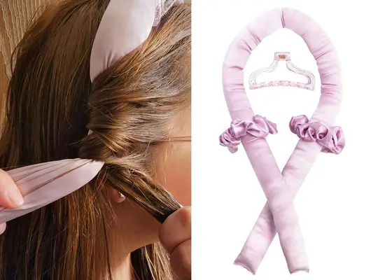 A photo collage of a tester using the Mermade Hair Heatless Curls Kit to curl their hair and the Mermade Hair Heatless Curls Kit