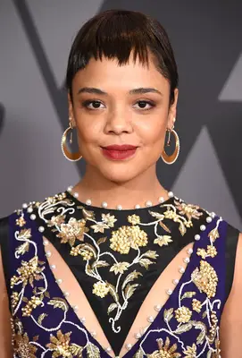 Tessa Thompson pixie with short, choppy bangs
