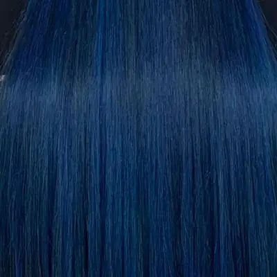 A close-up image of sleek, straight, midnight blue hair