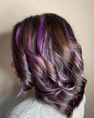 Brown hair with purple and lavender highlights 