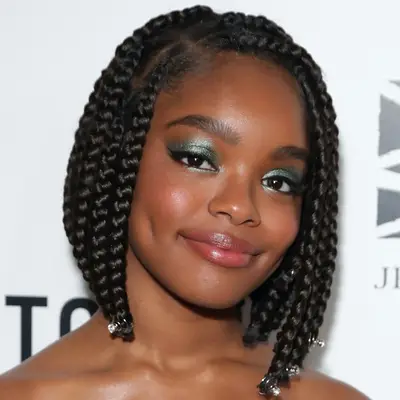 Marsai Martin with short, dark box braids and blunt ends