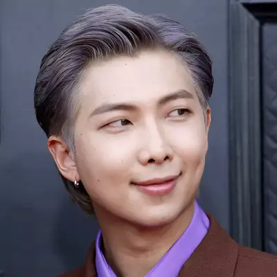 RM of BTS wears a purple-gray slicked back 1950s men