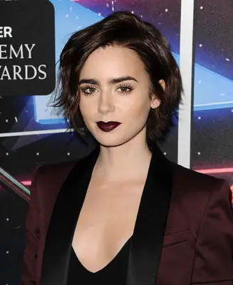 Lily Collins with a layered and Long Pixie Cut