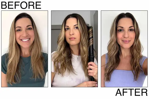 A person during and after using the Bio Ionic Long Barrel Curling Iron to curl their hair