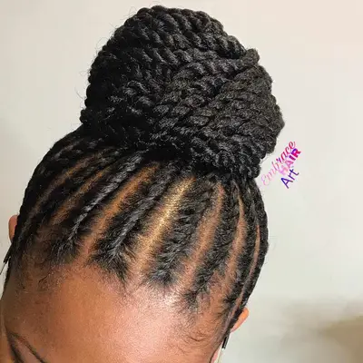 Close up of Marley twists in a bun