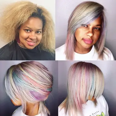 Four-panel photo of woman before and after rainbow pastel hair color service