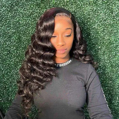 Woman in a wig with long, bouncy curls