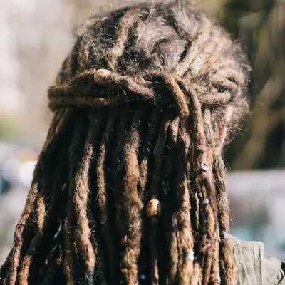 A rear view of a person with backcombed locs