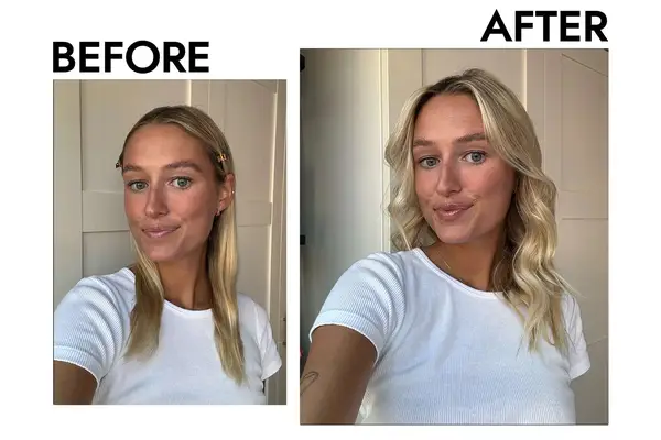 before and after images of person using the beachwaver hair tool