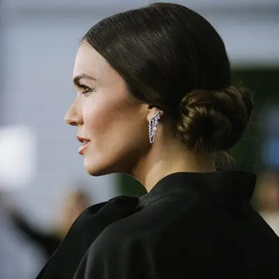 Mandy Moore with low space buns 