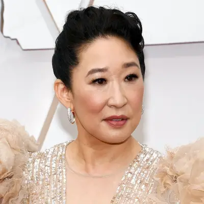 Sandra Oh with braided pompadour updo 