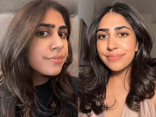 A person before and after using the Glaze Super Color Conditioning Gloss