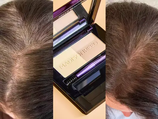 Before and after of a person using the Madison Reed root touch up product