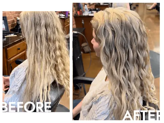 Model with Irish curls before and after styling