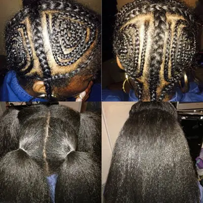 Four photo grid of crochet braid process