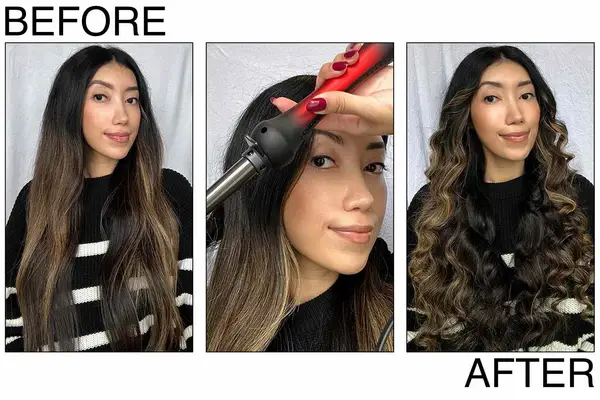 A person before and after using the Chi Lava Ceramic 3/8 - 3/4 Inch Tapered Hairstyling Wand