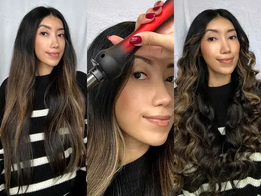 A person before, during, and after curling hair with the CHI Lava Tapered Hairstyling Wand