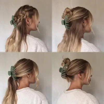 Four panels of side view of blonde woman wearing green claw clip with braid, half-up bun, low ponytail, and updo