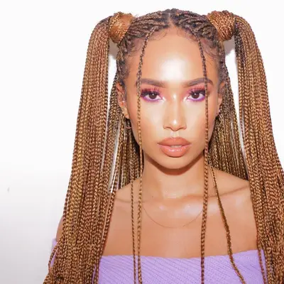 Goddess braids in two partial pigtails