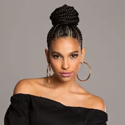 Goddess braids in a high top bun