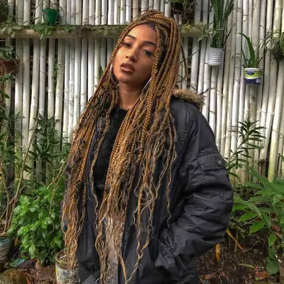 Honey blonde goddess braids in a loose half-up, half-down hairdo