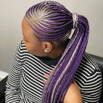 Purple and gray goddess braids in a high ponytail