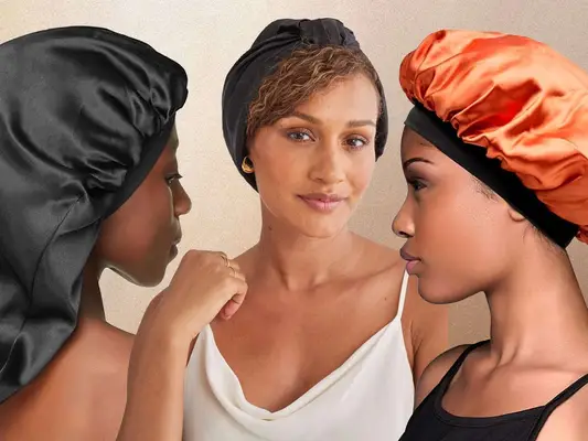 Collage of models featuring a selection of bonnets for natural hair 