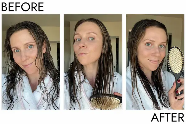 Before and after photos of a person who used the Wet Brush Original Detangler Hair Brush