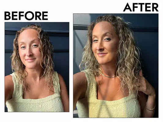 A before and after photo showing the effects of using the Dae Vegan Detangle + Style Brush