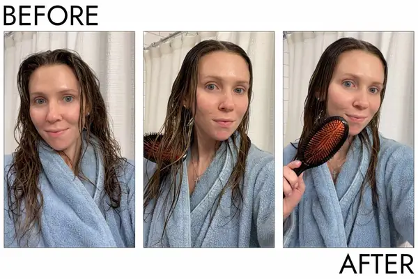 A person uses the Dae Vegan Detangle + Style Brush to brush their hair