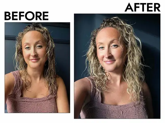 Before and after photos of a person who used the Fhi Heat UNbrush Detangling Hair Brush
