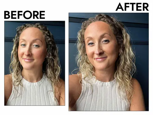 Before and after photos showing the effects of using the Denman D38 The Detangling & Styling Paddle