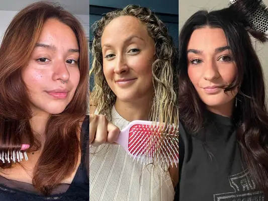 A collage of three testers brushing their hair with three different hairbrushes 