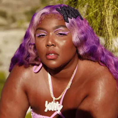 Lizzo with pink and purple money piece hair.