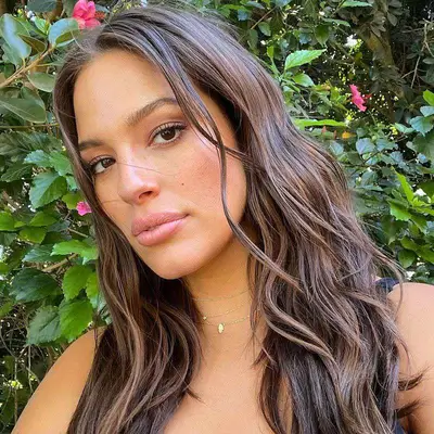 A close up of chestnut highlights on Ashley Graham