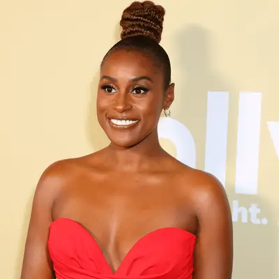 Issa Rae zoomed in on face and hair, braided fishtail bun