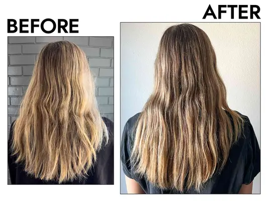 A person facing to the side before and after styling their hair with Drunk Elephant Silkamino Conditioning Leave-In Milk