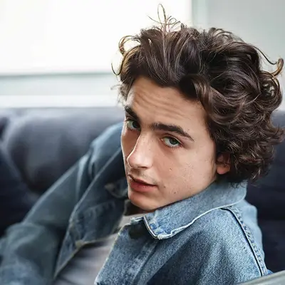 Timothee Chalamet in denim jacket with tousled curly brown hair